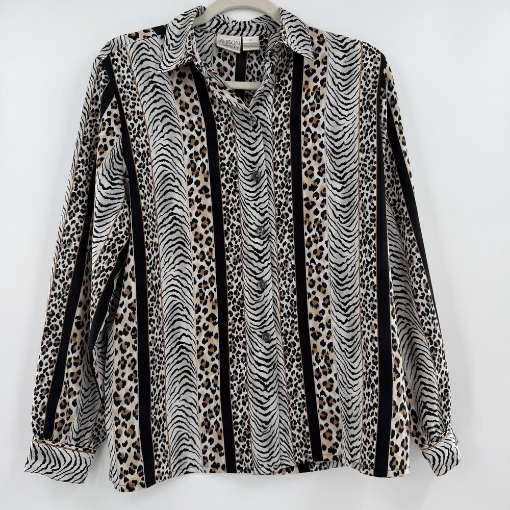 Vintage Allison Daley Animal Print Blouse Size 12 Zebra Leopard Button Up
